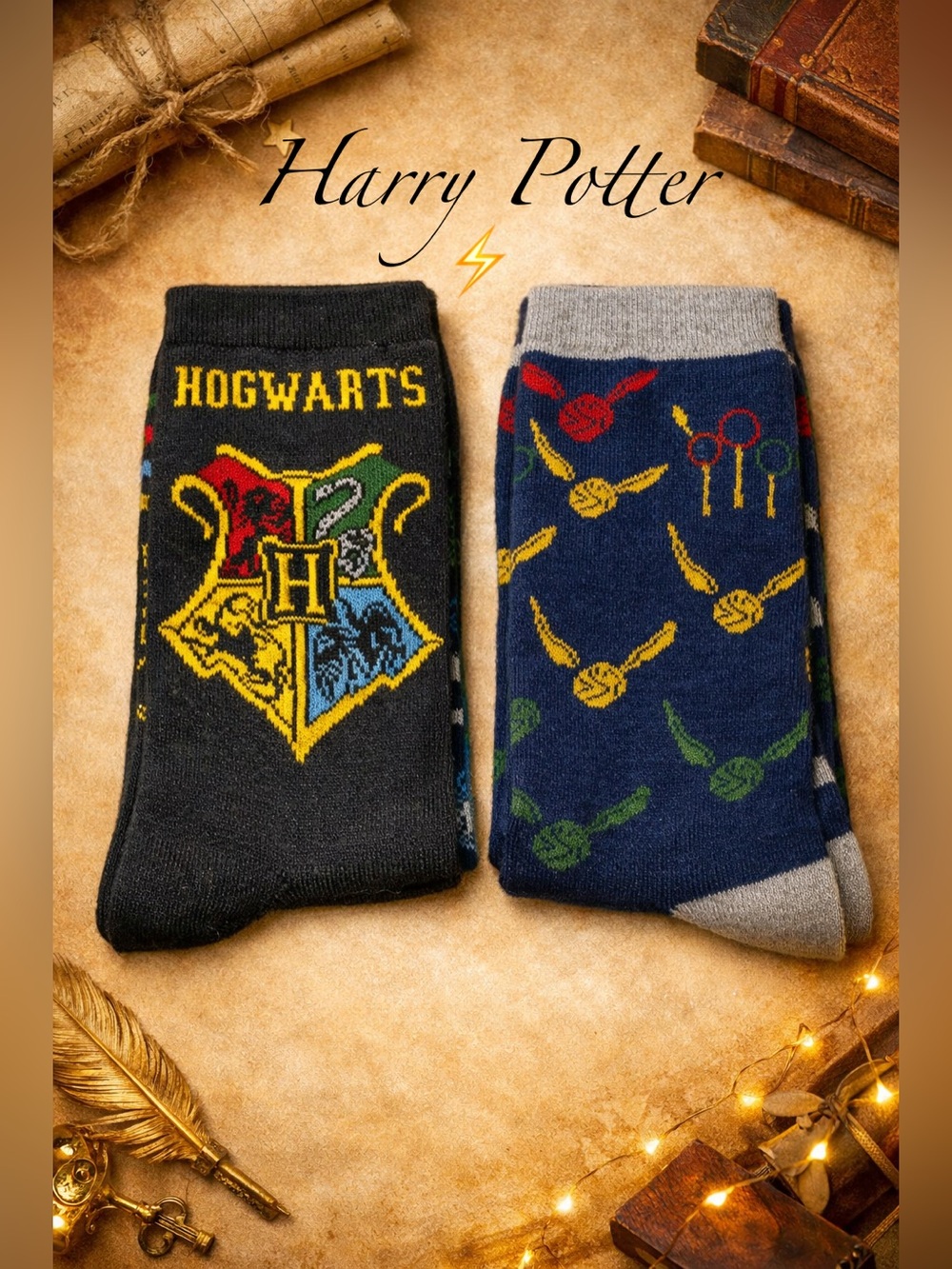 Harry Potter 2 Pairs of Crew Socks/Hogwarts & Snitch (Size 6-12)